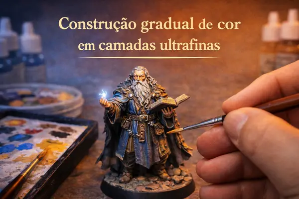 Construção gradual de cor em miniaturas altamente detalhadas com camadas ultrafinas de tinta acrílica